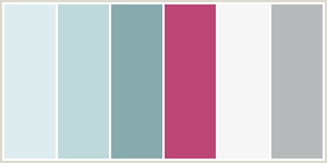 Color Scheme with #DDECEF #BFD9DA #87AAAE #BC4676 #F6F6F6 #B8B9BB