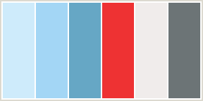 Color Scheme with #CEEBFB #A3D6F5 #66A7C5 #EE3233 #F0ECEB #6C7476