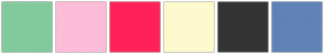 Color Scheme with #82CA9C #FCBDD8 #FF2259 #FFFACD #343434 #6082B6