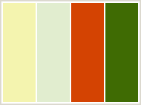 Color Scheme with #F4F4AF #E1EDCF #D44302 #3F6B03