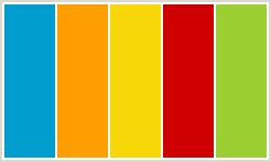 Color Scheme with #009ECE #FF9E00 #F7D708 #CE0000 #9CCF31