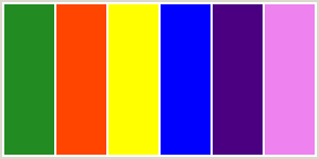 Color Scheme with #228B22 #FF4500 #FFFF00 #0000FF #4B0082 #EE82EE