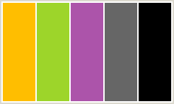 Color Scheme with #FFBE00 #9DD52A #AC54AA #666666 #000000