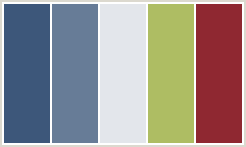 Color Scheme with #3D577A #677C97 #E3E6EB #AEBD63 #8F2831