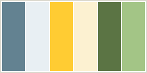 Color Scheme with #638291 #E8EFF3 #FFCC33 #FCF1D1 #5B7444 #A3C586