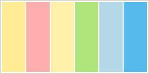 Color Scheme with #FFEC94 #FFAEAE #FFF0AA #B0E57C #B4D8E7 #56BAEC