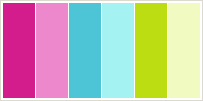 Color Scheme with #D31D8C #EE88CD #4DC5D6 #A5F2F3 #BCDD11 #F1FAC0