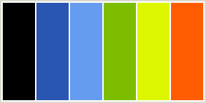 Color Scheme with #000000 #2956B2 #659CEF #7DBD00 #DCF600 #FF5B00