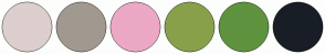 Color Scheme with #DDCFCE #A19990 #ECA8C4 #89A04A #5F933F #191E26