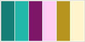 Color Scheme with #177F75 #21B6A8 #7F1769 #FFCBF4 #B69521 #FFF4CB