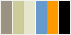 Color Scheme with #9C9284 #CCCC99 #E6E6CC #6699CC #FF9900 #000000