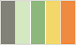 Color Scheme with #828277 #D4E8C1 #8DB87C #F5D769 #ED8A3F
