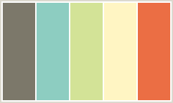 Color Scheme with #7C786A #8DCDC1 #D3E397 #FFF5C3 #EB6E44