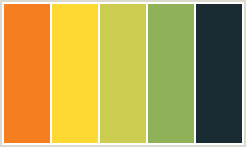 Color Scheme with #F57E20 #FED833 #CCCC51 #8FB258 #192B33