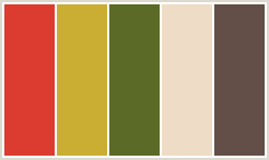 Color Scheme with #DC3C30 #CAAE33 #5B6A27 #EEDCC6 #634F48