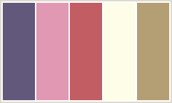 Color Scheme with #62587C #E198B2 #C15D63 #FEFEE8 #B39F73