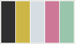 Color Scheme with #2F2F2F #CCB647 #D6DEE4 #CE7898 #98C5AB