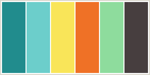 Color Scheme with #218C8D #6CCECB #F9E559 #EF7126 #8EDC9D #473E3F