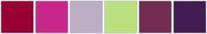 Color Scheme with #990033 #CA278C #BDAEC6 #BCE27F #732C52 #421C52