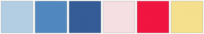 Color Scheme with #B3CEE3 #5088BF #355C96 #F5DFE2 #F01641 #F5E08E