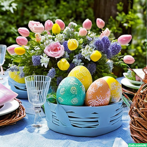 Easter table setting with pastel-colored decorations, painted eggs, spring flowers, and family engaged in festive activities in a sunny garden